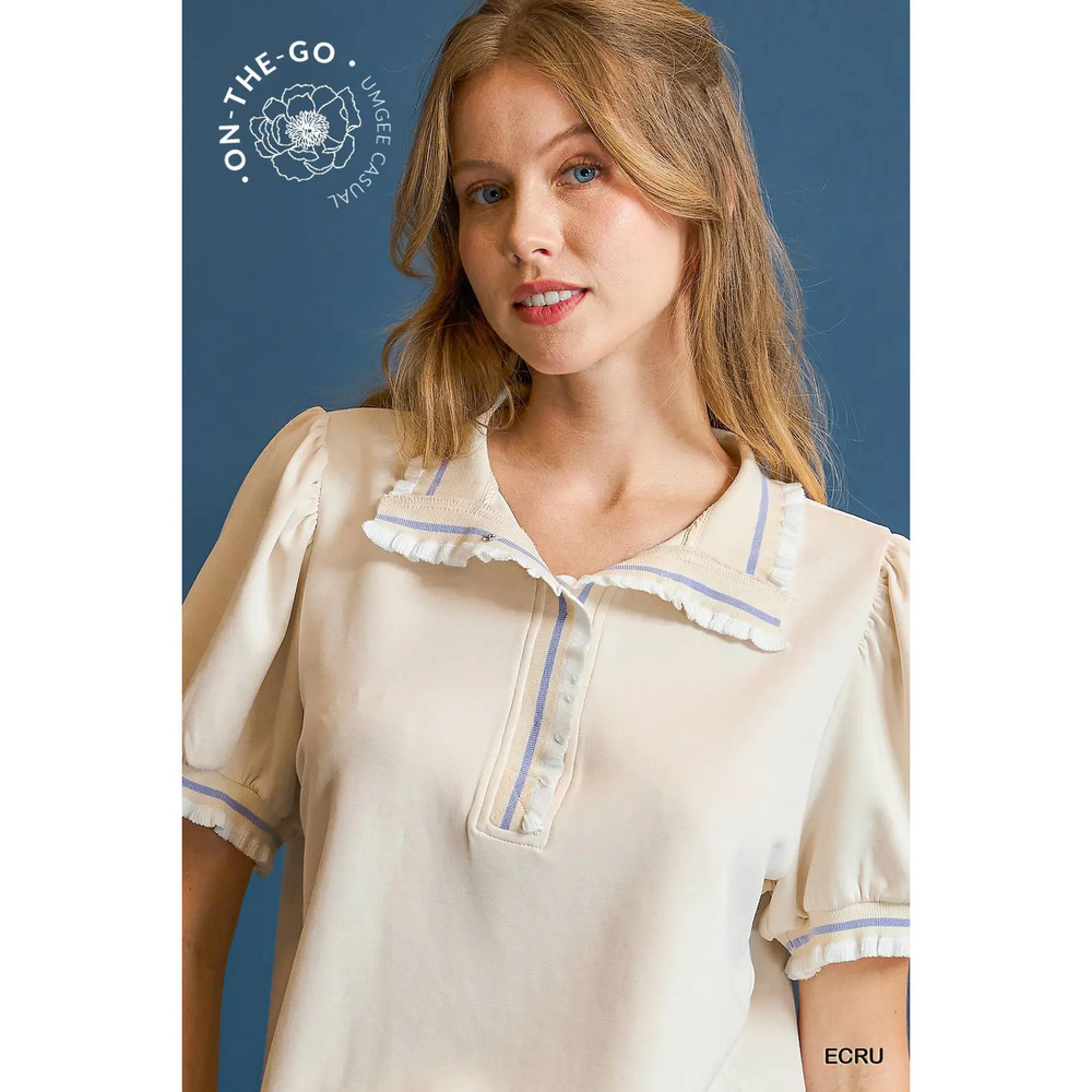 Umgee Ecru Ruffle Collar Short Sleeve Top with Blue Trim